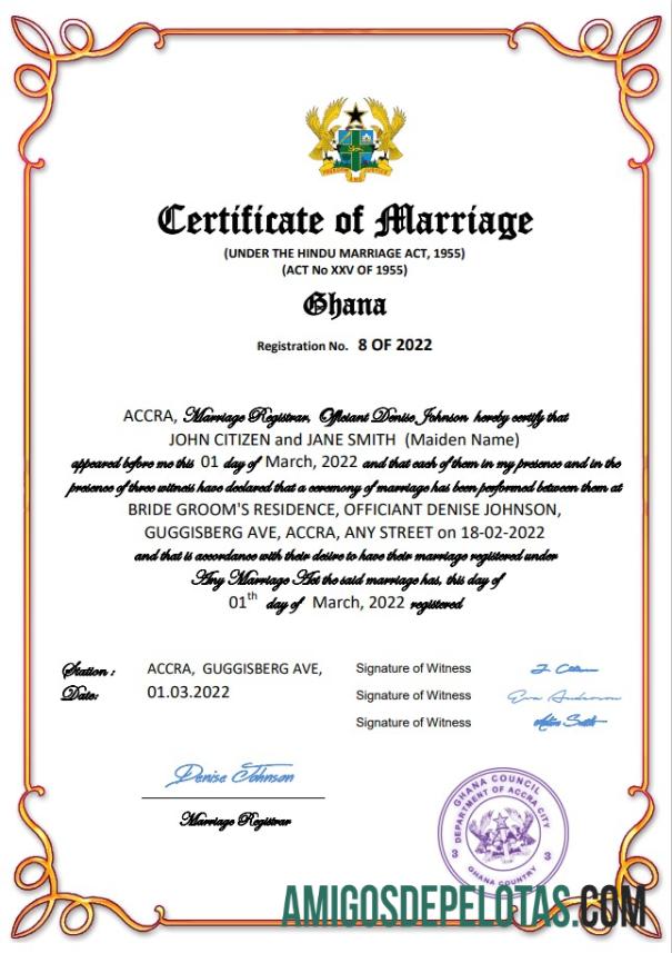 Realista modelo Word e PDF de certidão de casamento de Gana